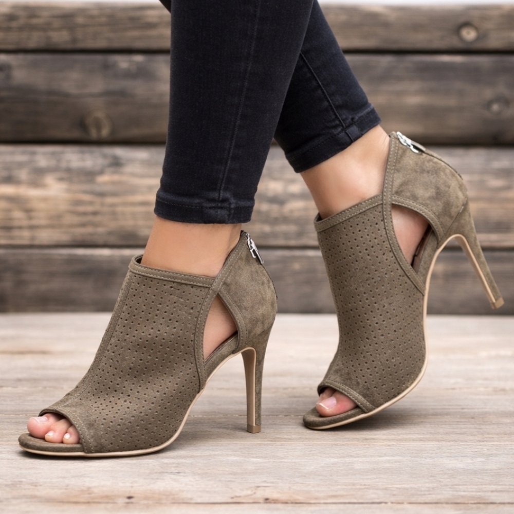Christian Siriano Iggy Y2K Dark Feminine Taupe/Olive Peep Toe Stiletto Bootie 7M